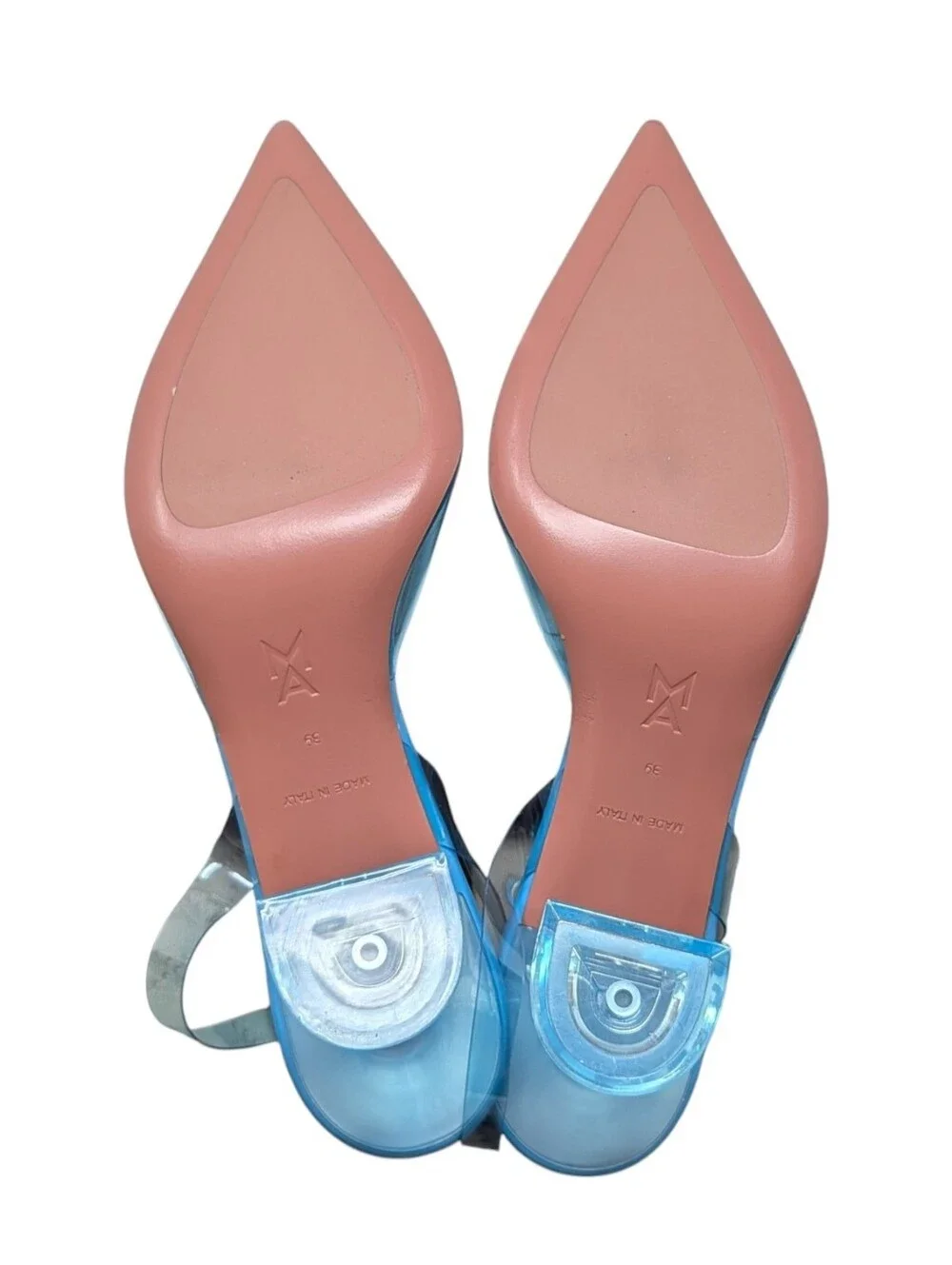 Amina Muaddi Begum PVC Plexi Glass Slingback Sky Blue 70mm Heel Size EU 39